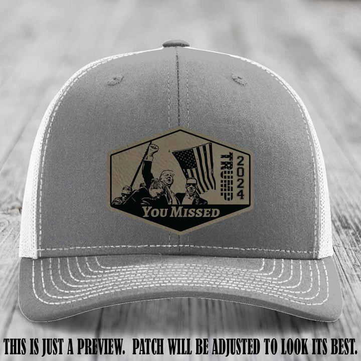 You Missed leather patch on Heather Grey to White Hat with Light Brown to Black Patch