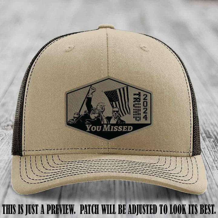 You Missed leather patch on Khaki to Coffee Hat with Light Brown to Black Patch