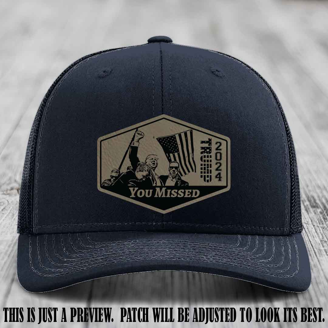 You Missed leather patch on Navy Hat with Light Brown to Black Patch