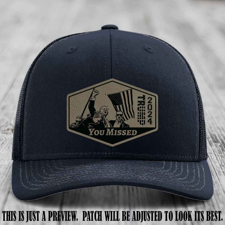 You Missed leather patch on Navy Hat with Light Brown to Black Patch