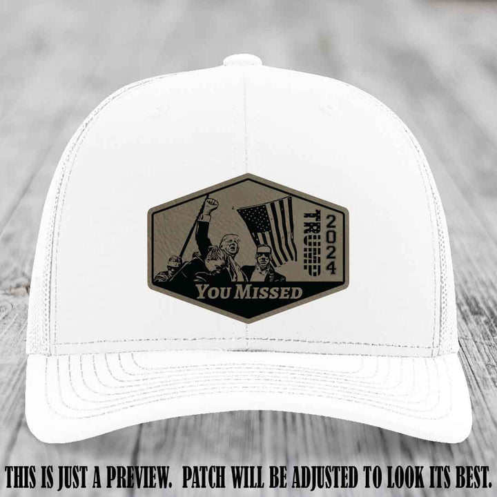 You Missed leather patch on White Hat with Light Brown to Black Patch