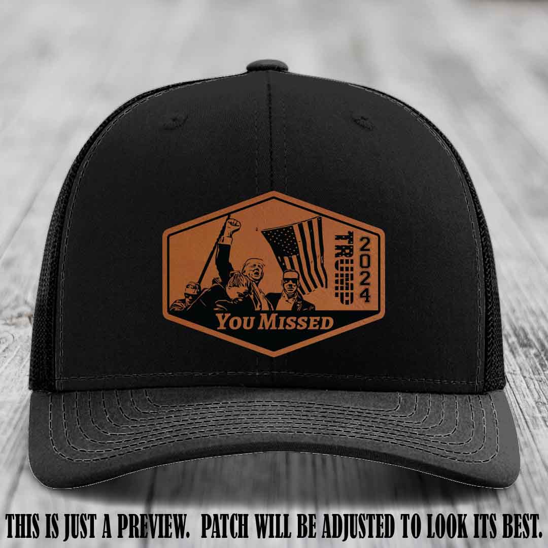 You Missed leather patch on Black Hat with Rawhide to Black Patch
