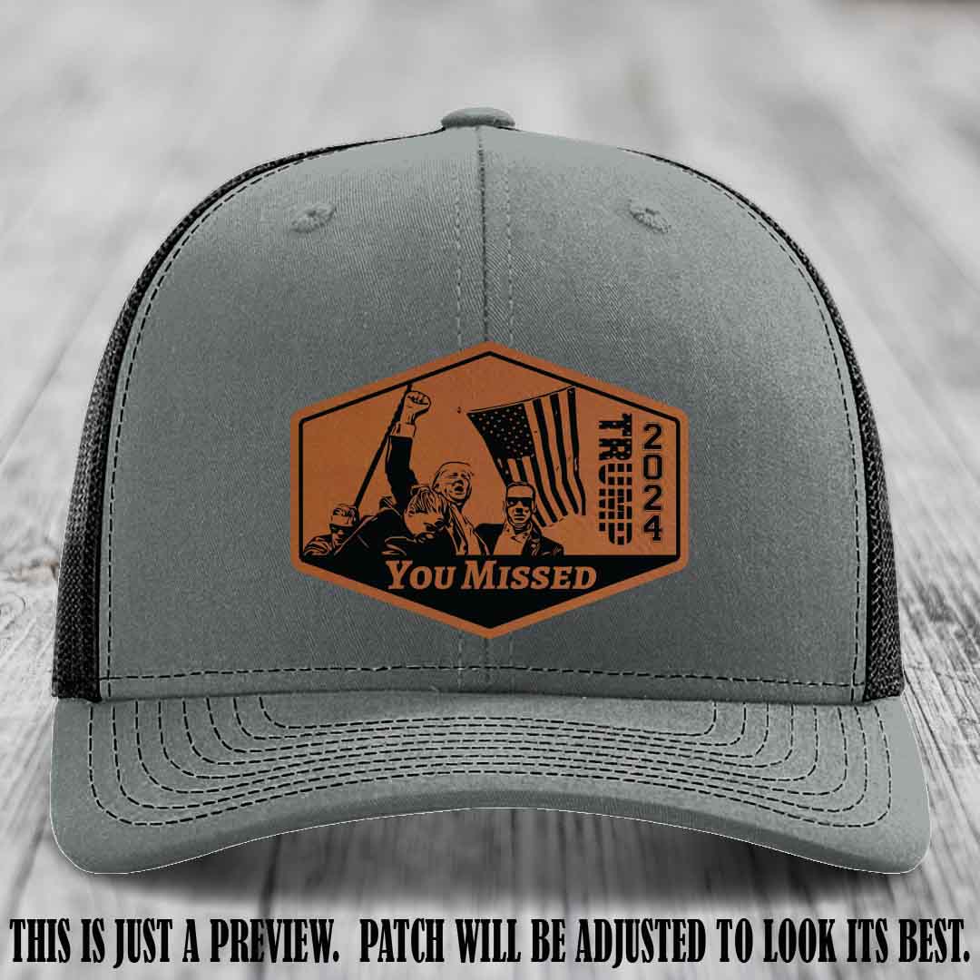 You Missed leather patch on Heather Grey to Black Hat with Rawhide to Black Patch