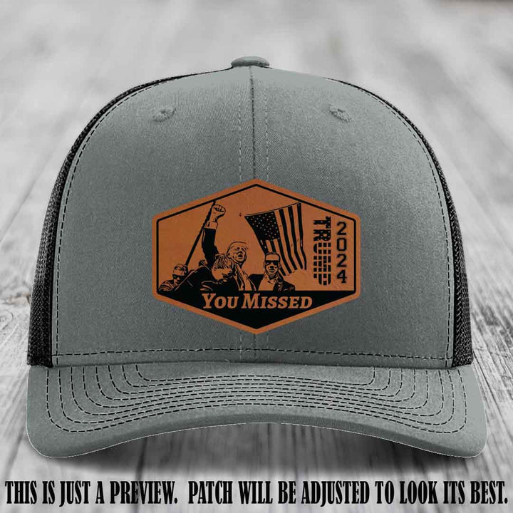 You Missed leather patch on Heather Grey to Black Hat with Rawhide to Black Patch