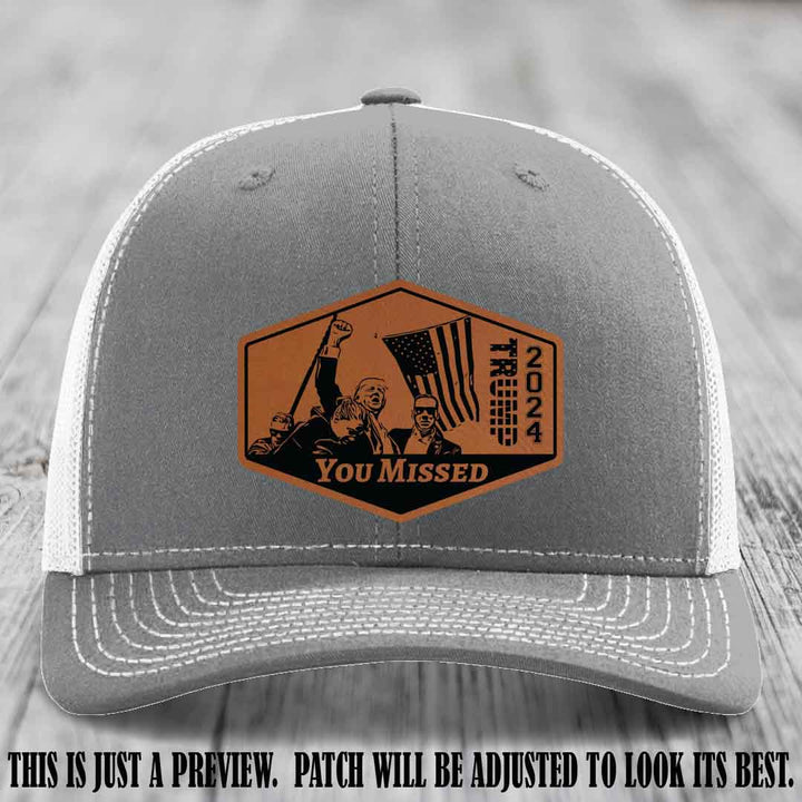 You Missed leather patch on Heather Grey to White Hat with Rawhide to Black Patch