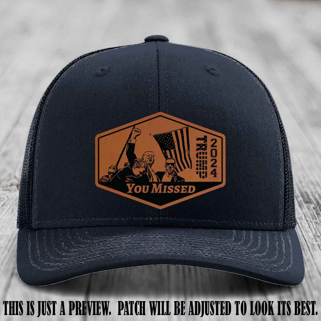 You Missed leather patch on Navy Hat with Rawhide to Black Patch