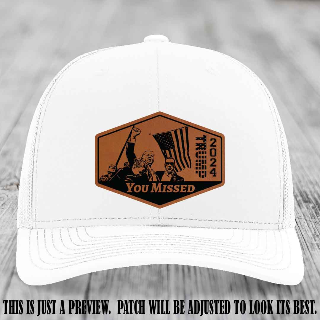 You Missed leather patch on White Hat with Rawhide to Black Patch