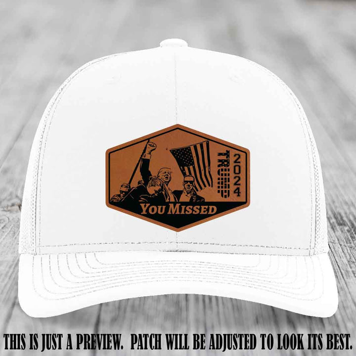 You Missed leather patch on White Hat with Rawhide to Black Patch