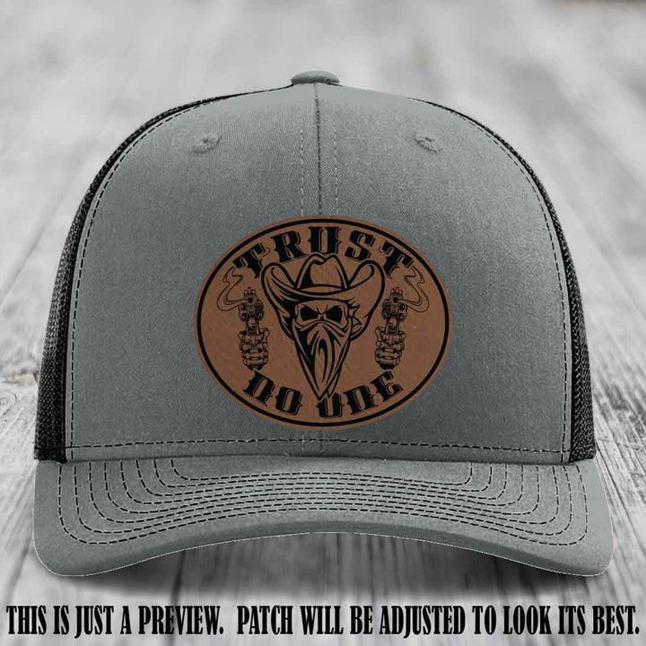 Trust No One leather patch on Heather Grey to Black Hat with Dark Brown to Black Patch