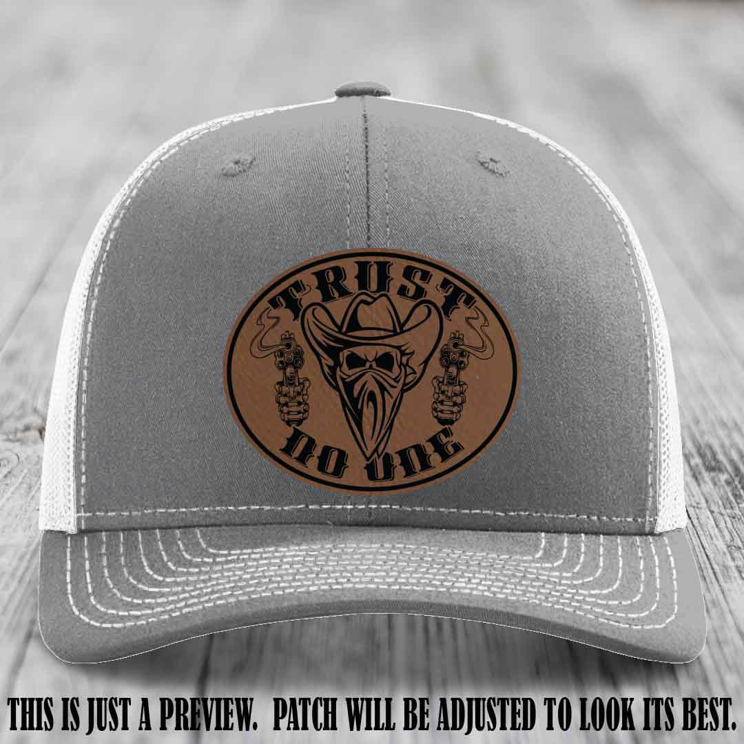 Trust No One leather patch on Heather Grey to White Hat with Dark Brown to Black Patch
