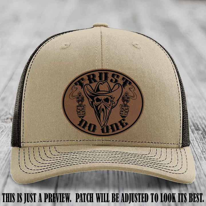Trust No One leather patch on Khaki to Coffee Hat with Dark Brown to Black Patch