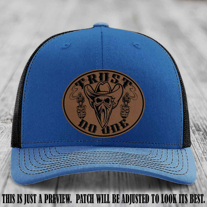 Trust No One leather patch on Royal to Black Hat with Dark Brown to Black Patch
