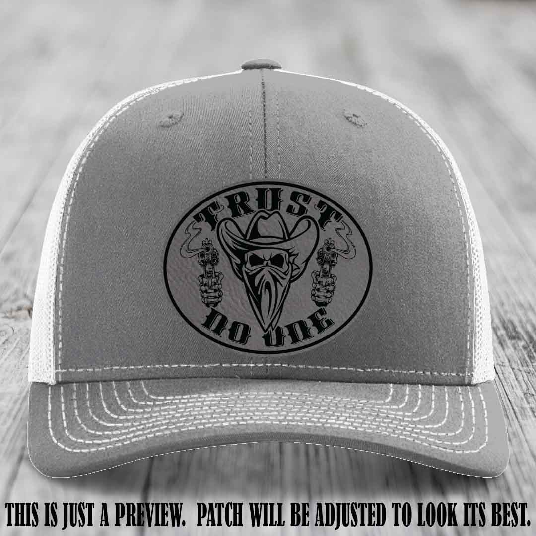Trust No One leather patch on Heather Grey to White Hat with Grey to Black Patch