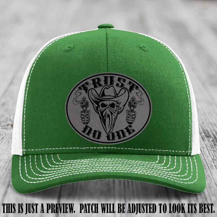 Trust No One leather patch on Kelly to White Hat with Grey to Black Patch
