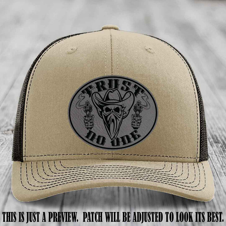 Trust No One leather patch on Khaki to Coffee Hat with Grey to Black Patch