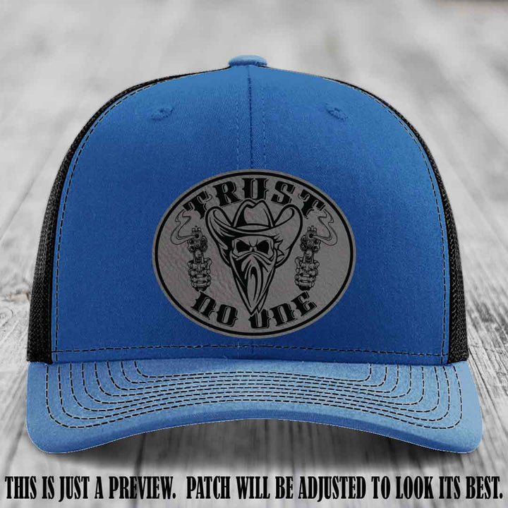 Trust No One leather patch on Royal to Black Hat with Grey to Black Patch