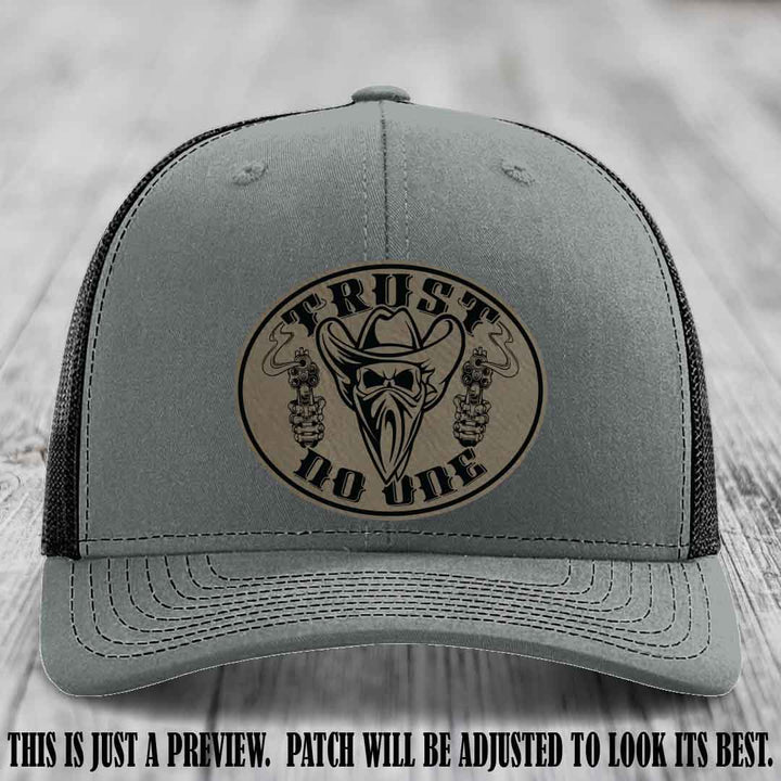 Trust No One leather patch on Heather Grey to Black Hat with Light Brown to Black Patch