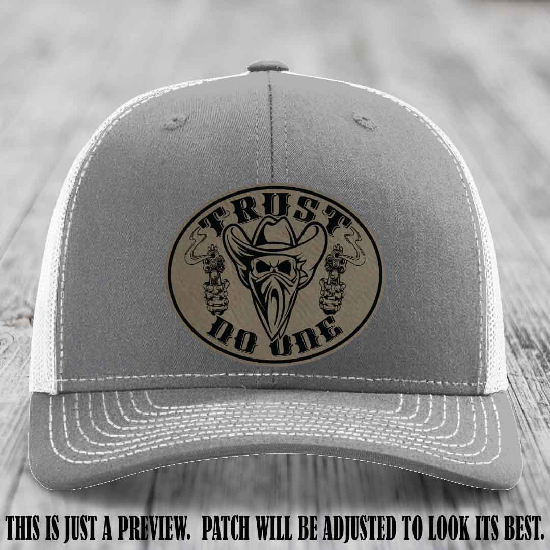 Trust No One leather patch on Heather Grey to White Hat with Light Brown to Black Patch