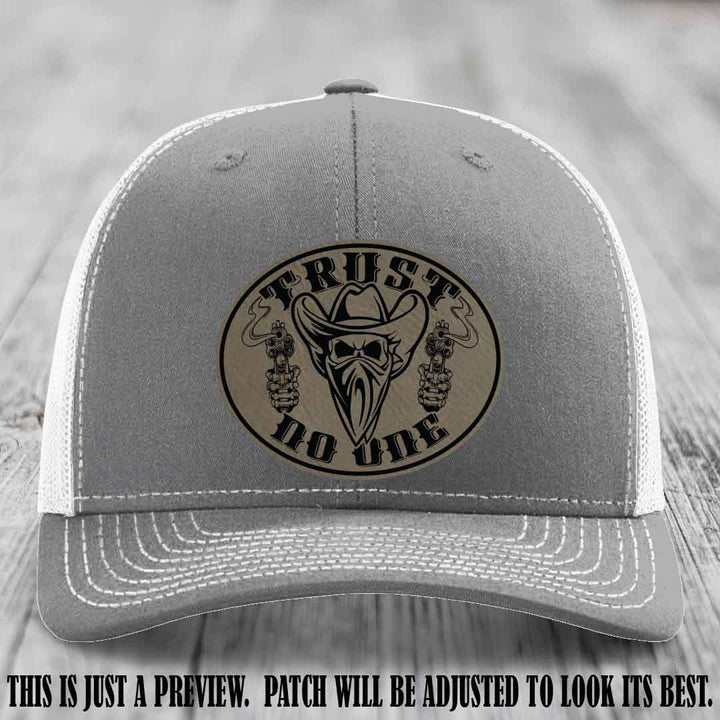 Trust No One leather patch on Heather Grey to White Hat with Light Brown to Black Patch