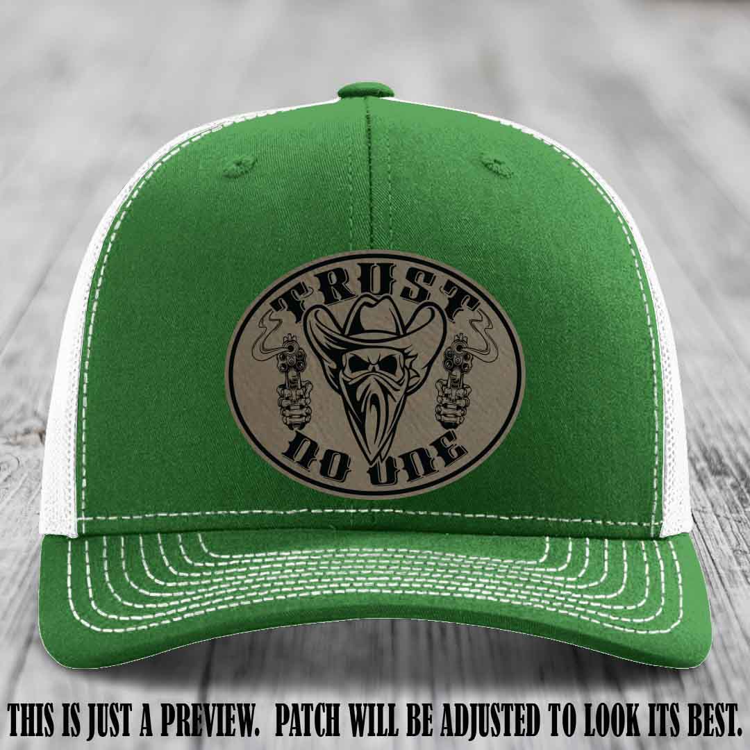 Trust No One leather patch on Kelly to White Hat with Light Brown to Black Patch