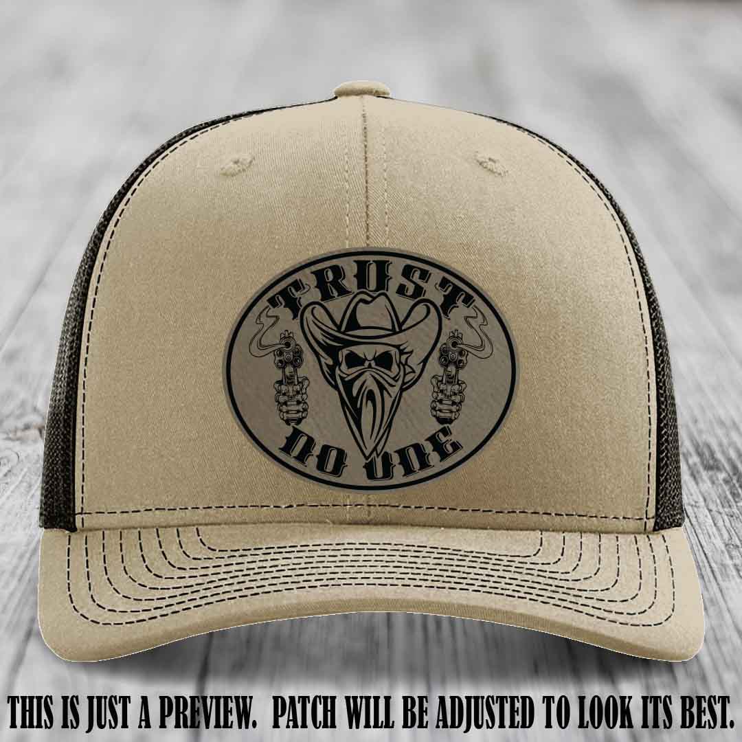 Trust No One leather patch on Khaki to Coffee Hat with Light Brown to Black Patch