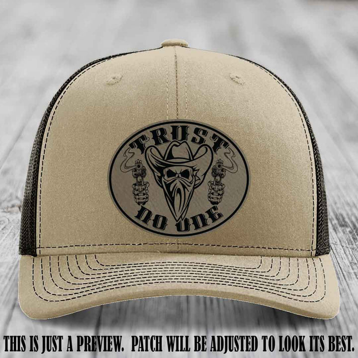 Trust No One leather patch on Khaki to Coffee Hat with Light Brown to Black Patch