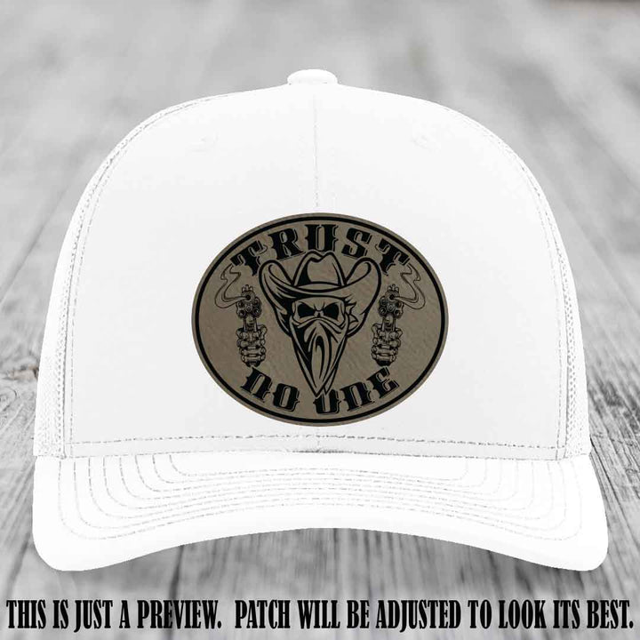Trust No One leather patch on White Hat with Light Brown to Black Patch