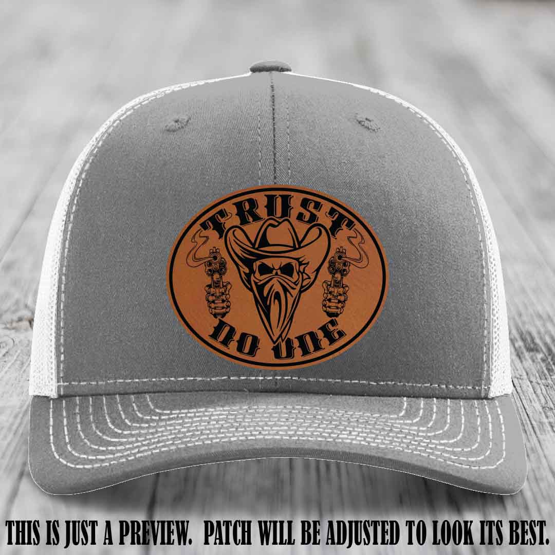 Trust No One leather patch on Heather Grey to White Hat with Rawhide to Black Patch