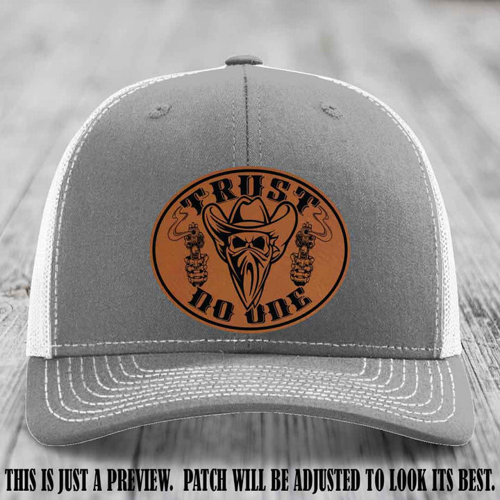 Trust No One leather patch on Heather Grey to White Hat with Rawhide to Black Patch