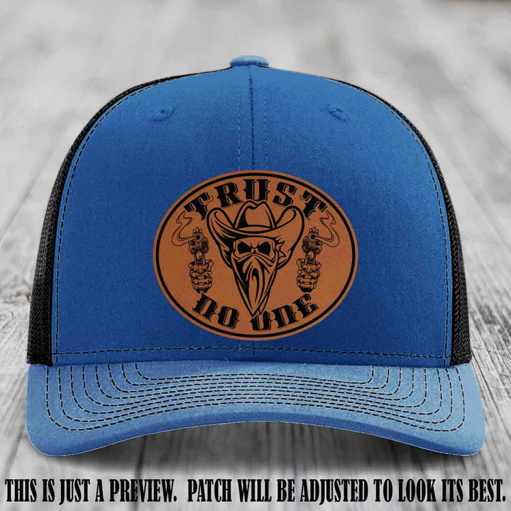 Trust No One leather patch on Royal to Black Hat with Rawhide to Black Patch