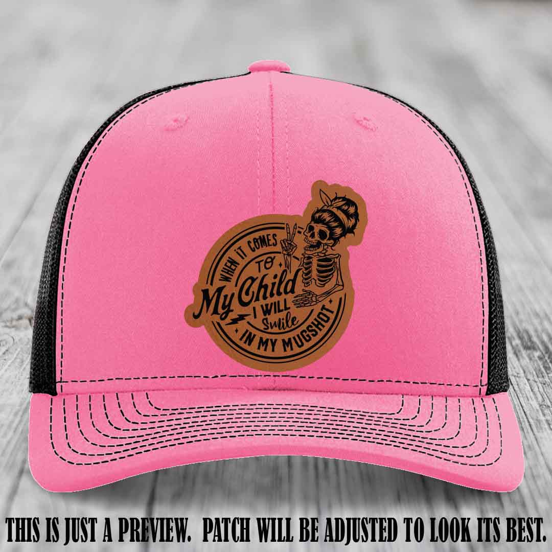 Richardson 112 custom trucker hat with rawhide to black patch and 'My Child Mugshot' leather patch on hot pink to black hat