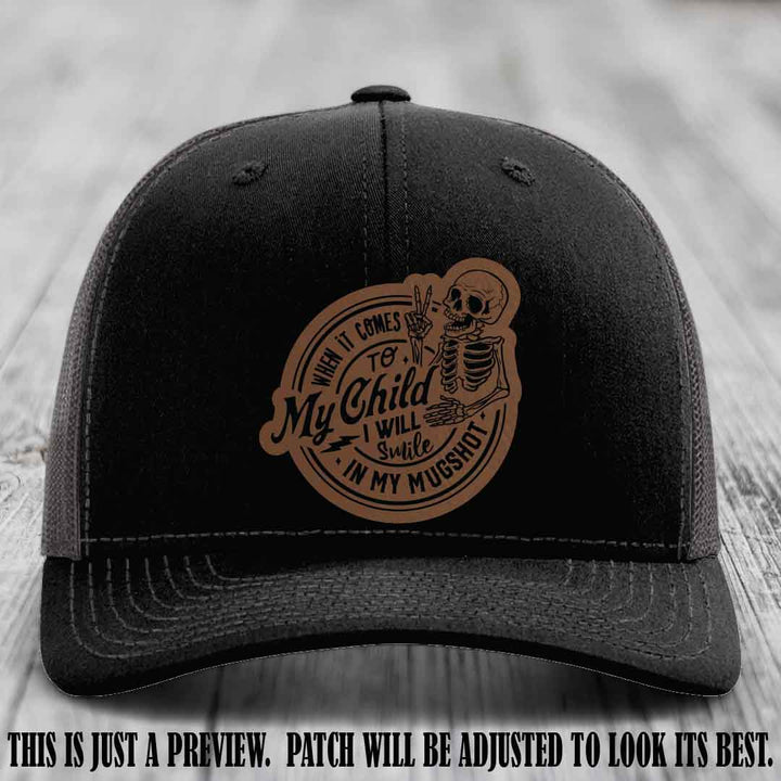 Smile In My Mugshot – Dark Brown to Black Patch – Leather Patch Hat on Black to Charcoal Hat