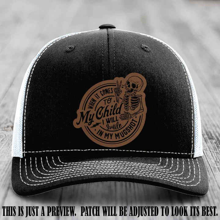 Smile In My Mugshot – Dark Brown to Black Patch – Leather Patch Hat on Black to White Hat