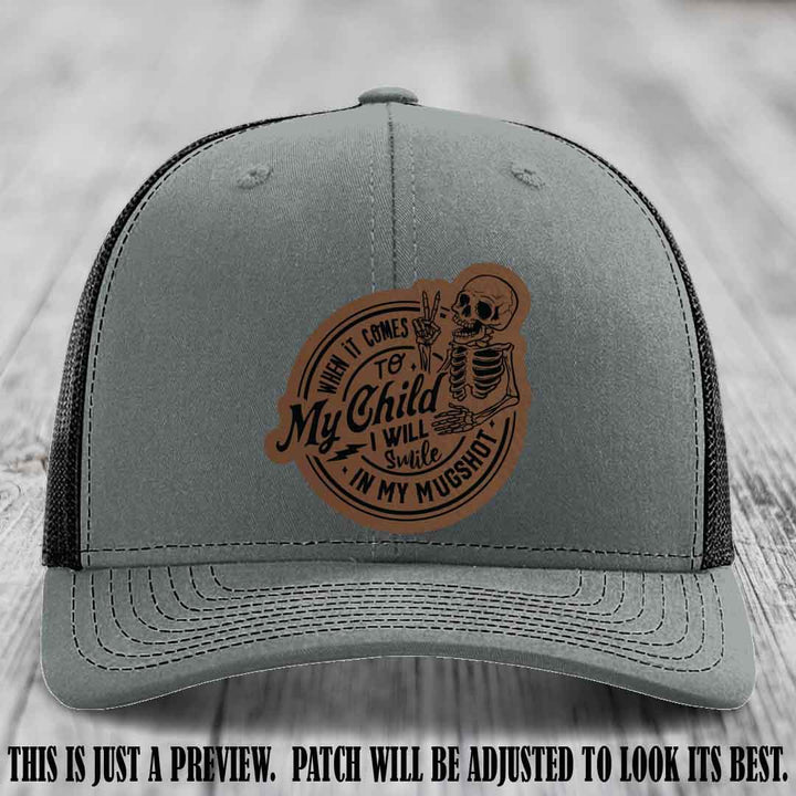 Smile In My Mugshot – Dark Brown to Black Patch – Leather Patch Hat on Heather Grey to Black Hat