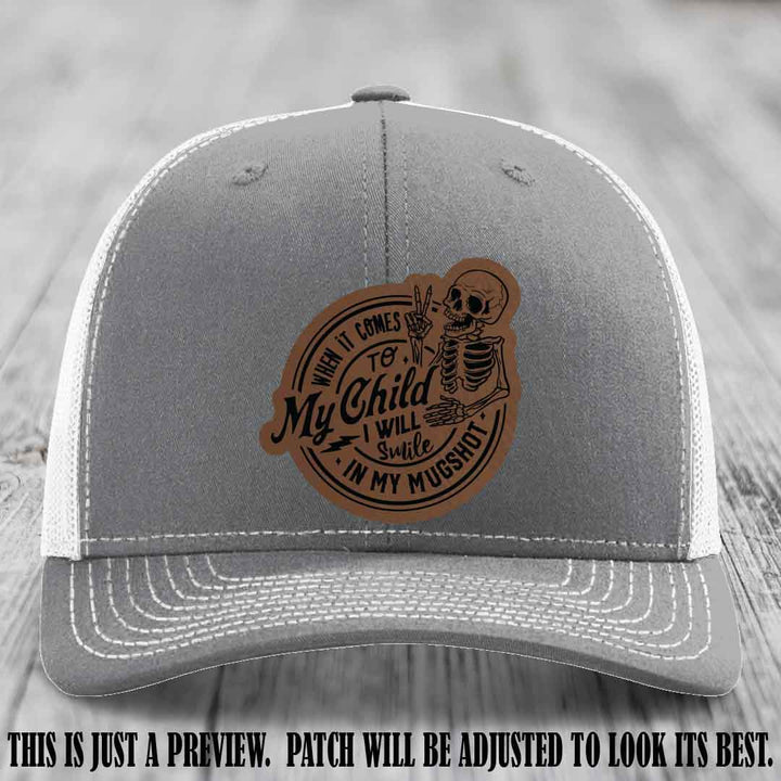 Smile In My Mugshot – Dark Brown to Black Patch – Leather Patch Hat on Heather Grey to White Hat