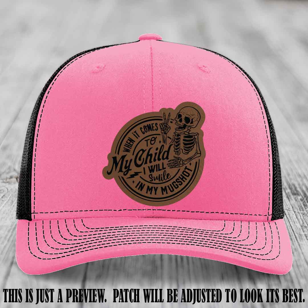 Smile In My Mugshot – Dark Brown to Black Patch – Leather Patch Hat on Hot Pink to Black Hat