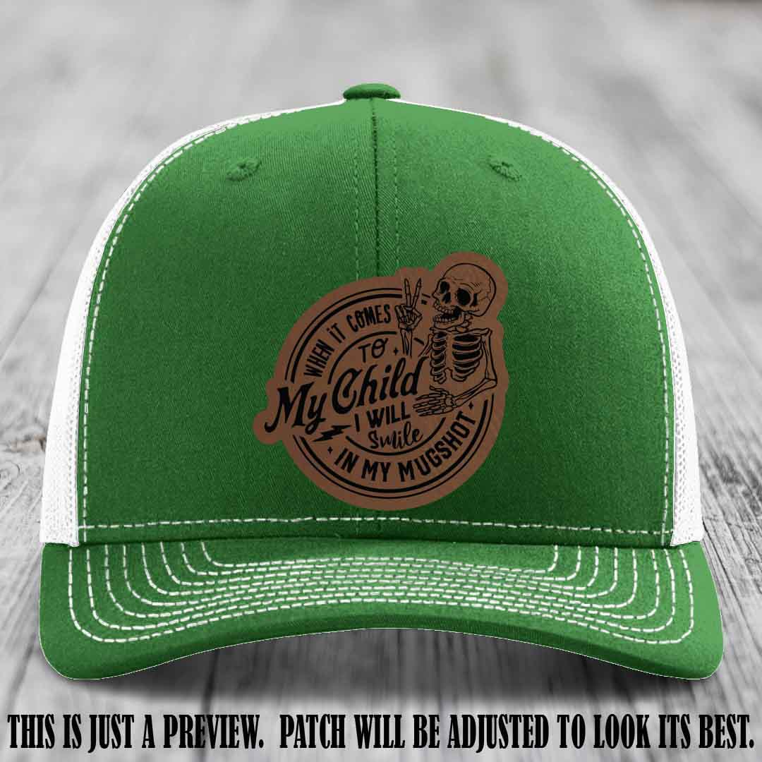 Smile In My Mugshot – Dark Brown to Black Patch – Leather Patch Hat on Kelly to White Hat