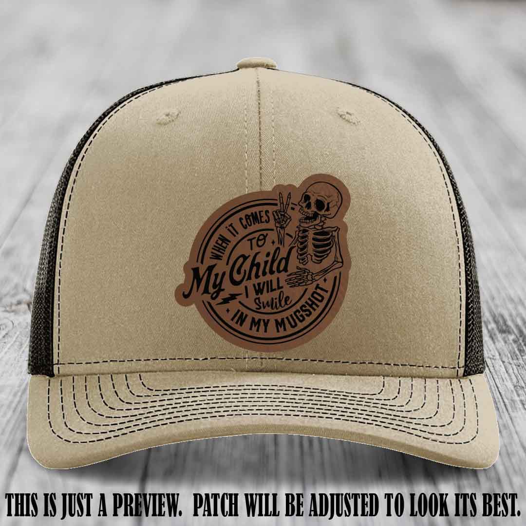 Smile In My Mugshot – Dark Brown to Black Patch – Leather Patch Hat on Khaki to Coffee Hat