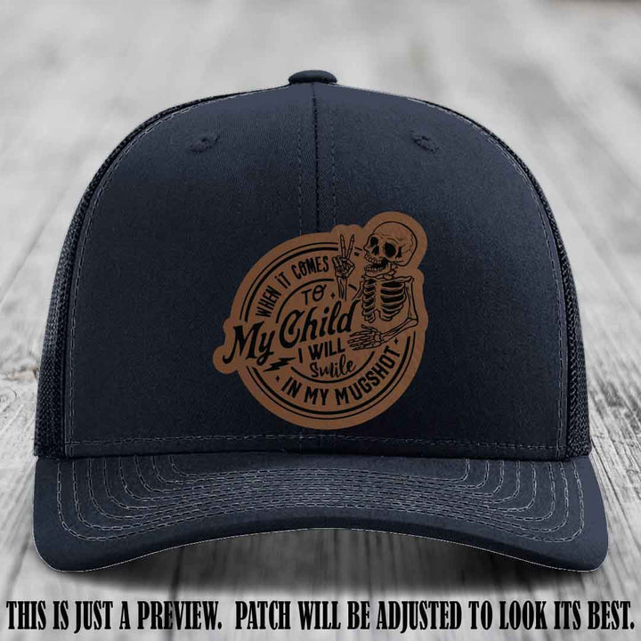 Smile In My Mugshot – Dark Brown to Black Patch – Leather Patch Hat on Navy Hat