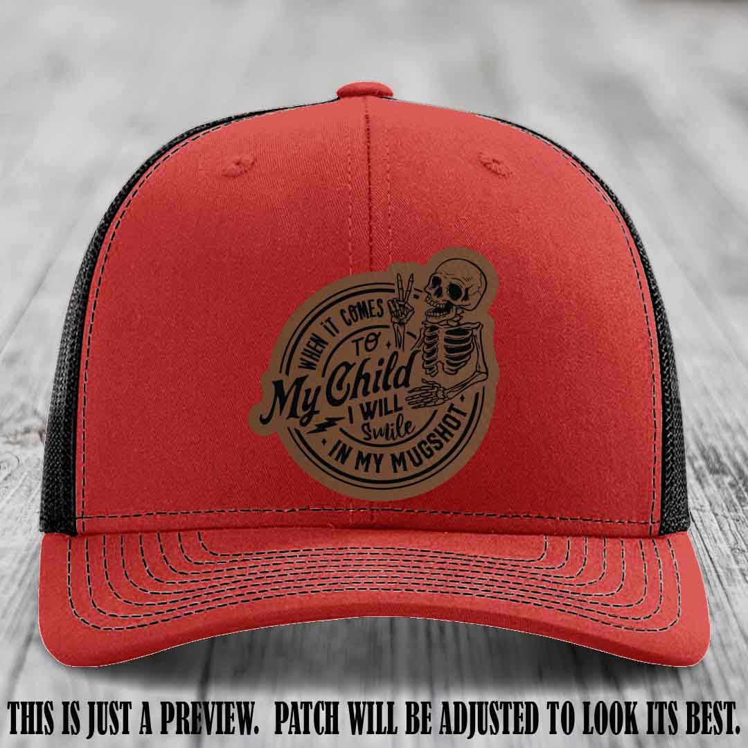 Smile In My Mugshot – Dark Brown to Black Patch – Leather Patch Hat on Red to Black Hat