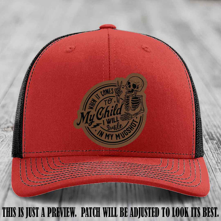 Smile In My Mugshot – Dark Brown to Black Patch – Leather Patch Hat on Red to Black Hat
