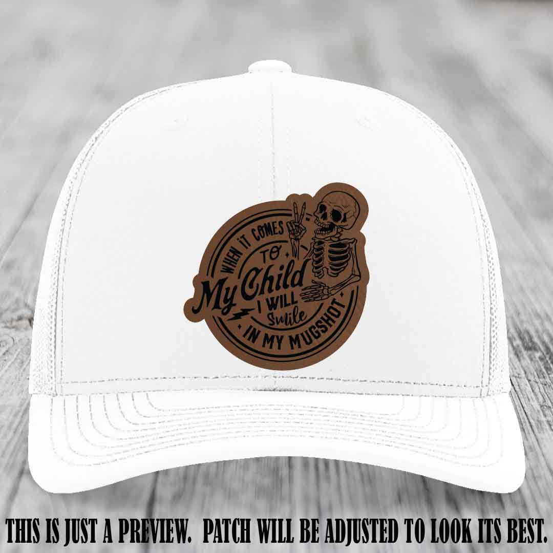 Smile In My Mugshot – Dark Brown to Black Patch – Leather Patch Hat on White Hat