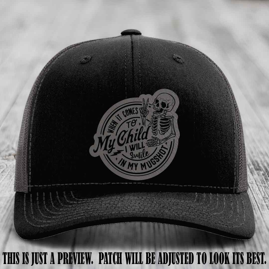 Smile In My Mugshot – Grey to Black Patch – Leather Patch Hat on Black to Charcoal Hat