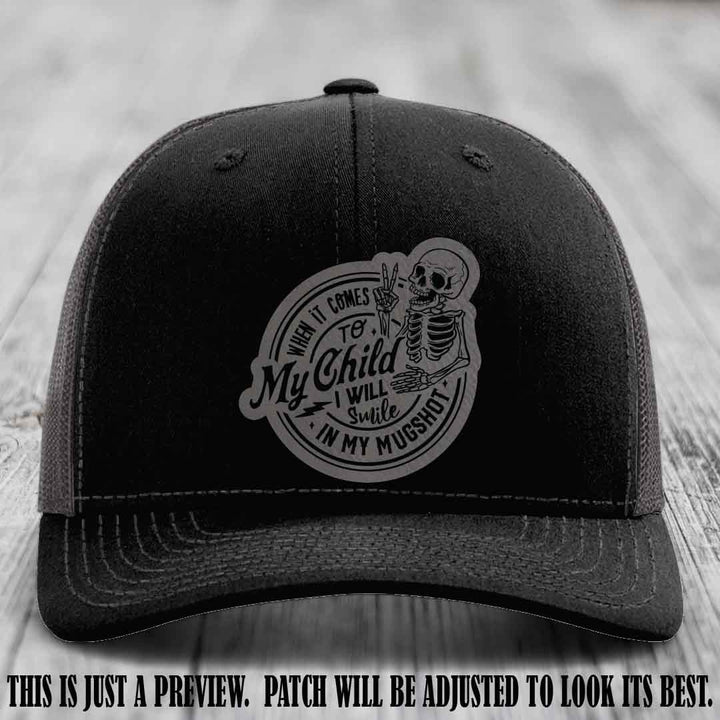 Smile In My Mugshot – Grey to Black Patch – Leather Patch Hat on Black to Charcoal Hat