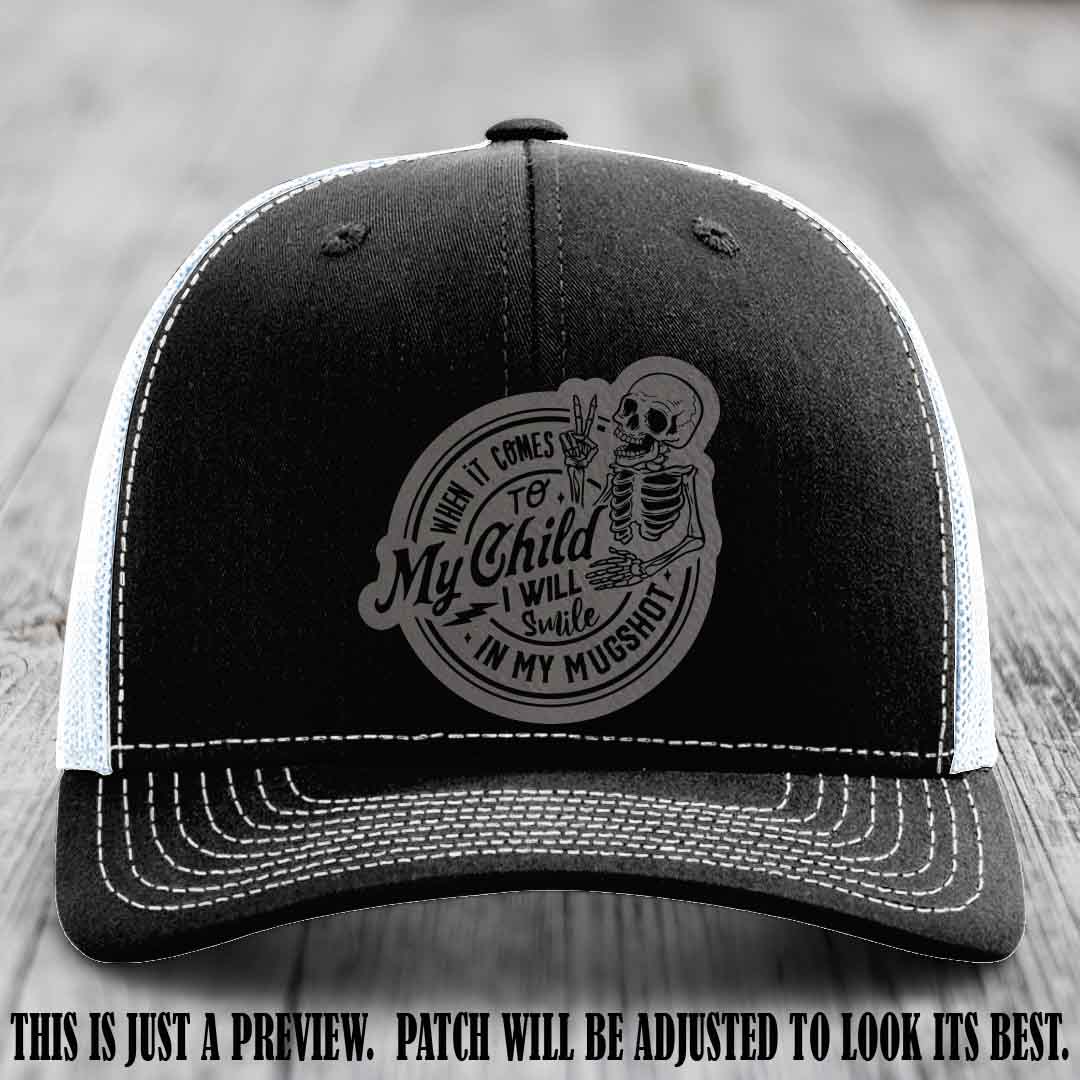 Smile In My Mugshot – Grey to Black Patch – Leather Patch Hat on Black to White Hat