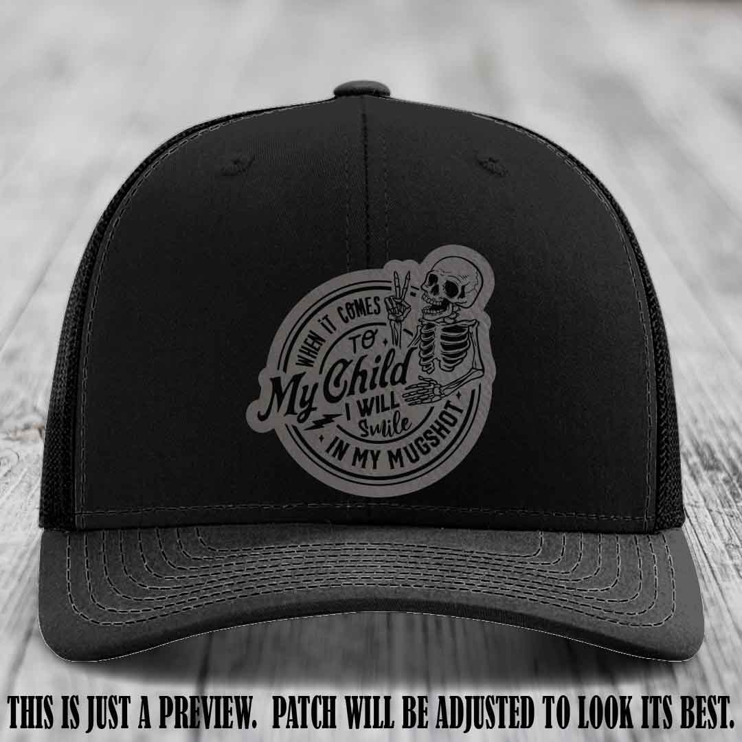Smile In My Mugshot – Grey to Black Patch – Leather Patch Hat on Black Hat