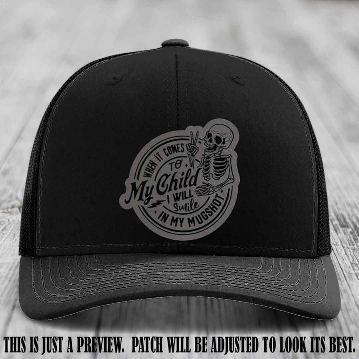 Smile In My Mugshot – Grey to Black Patch – Leather Patch Hat on Black Hat
