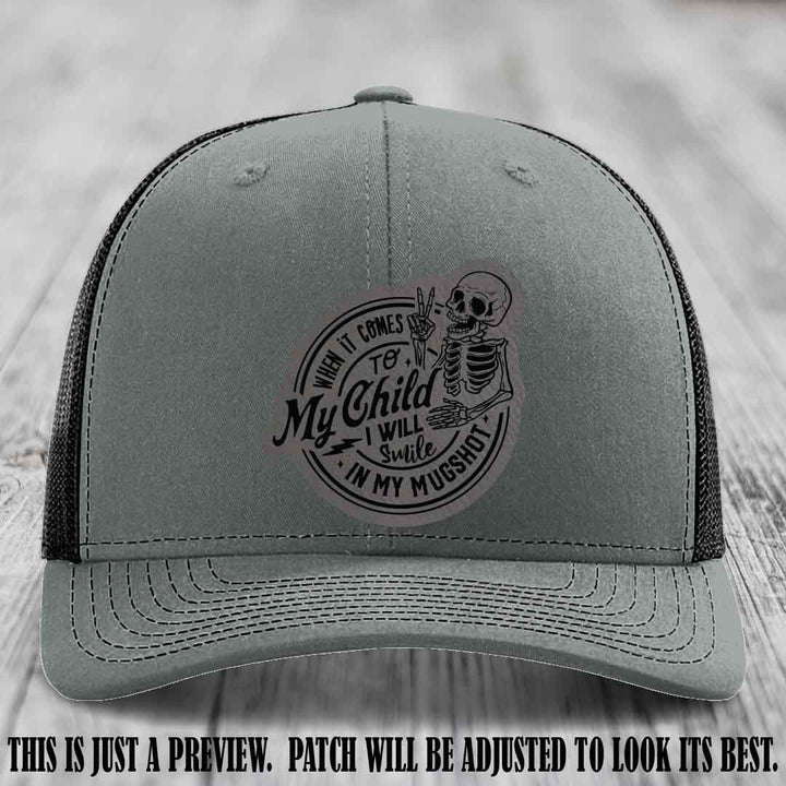 Smile In My Mugshot – Grey to Black Patch – Leather Patch Hat on Heather Grey to Black Hat