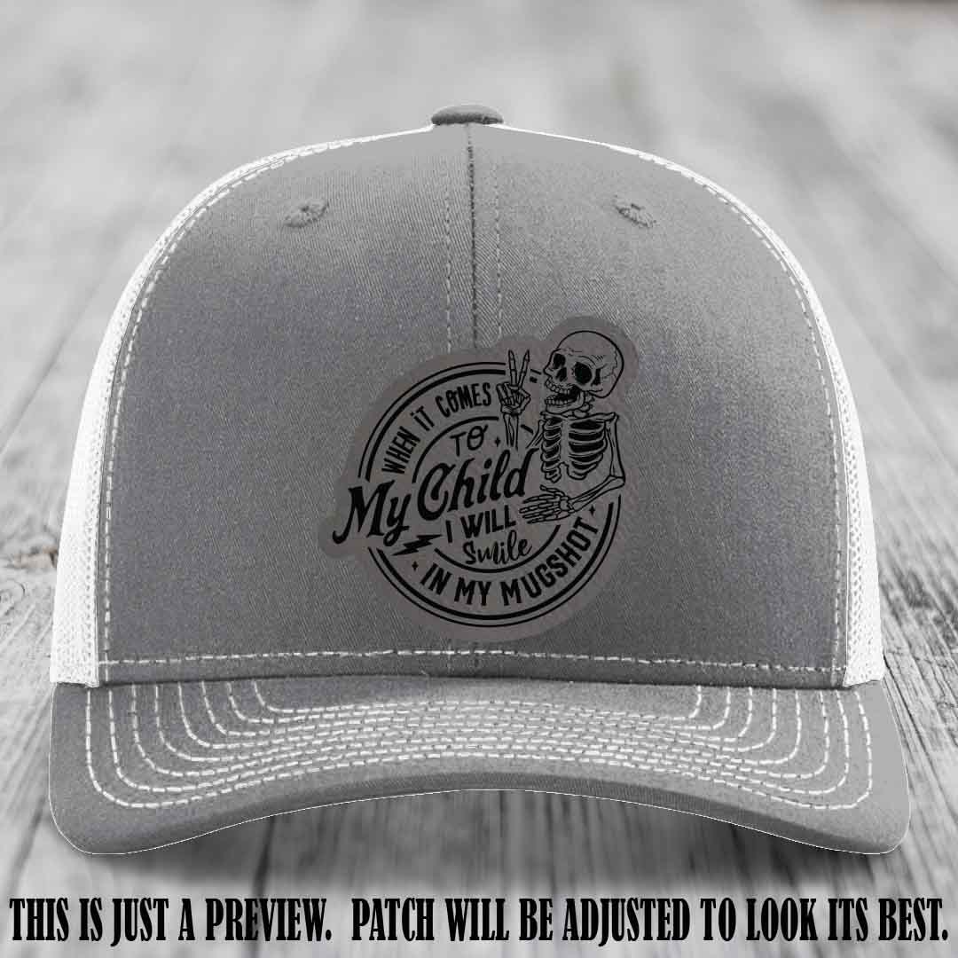 Smile In My Mugshot – Grey to Black Patch – Leather Patch Hat on Heather Grey to White Hat