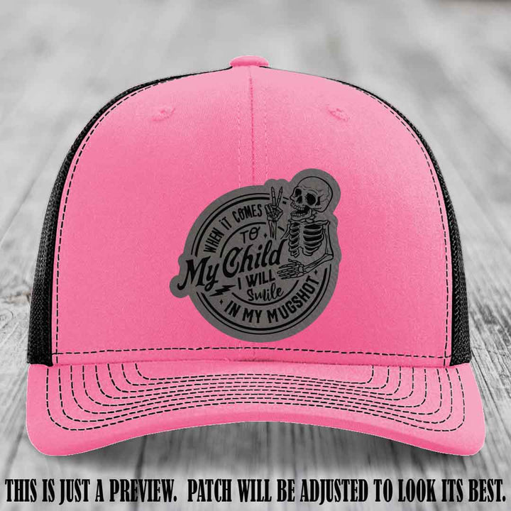 Smile In My Mugshot – Grey to Black Patch – Leather Patch Hat on Hot Pink to Black Hat